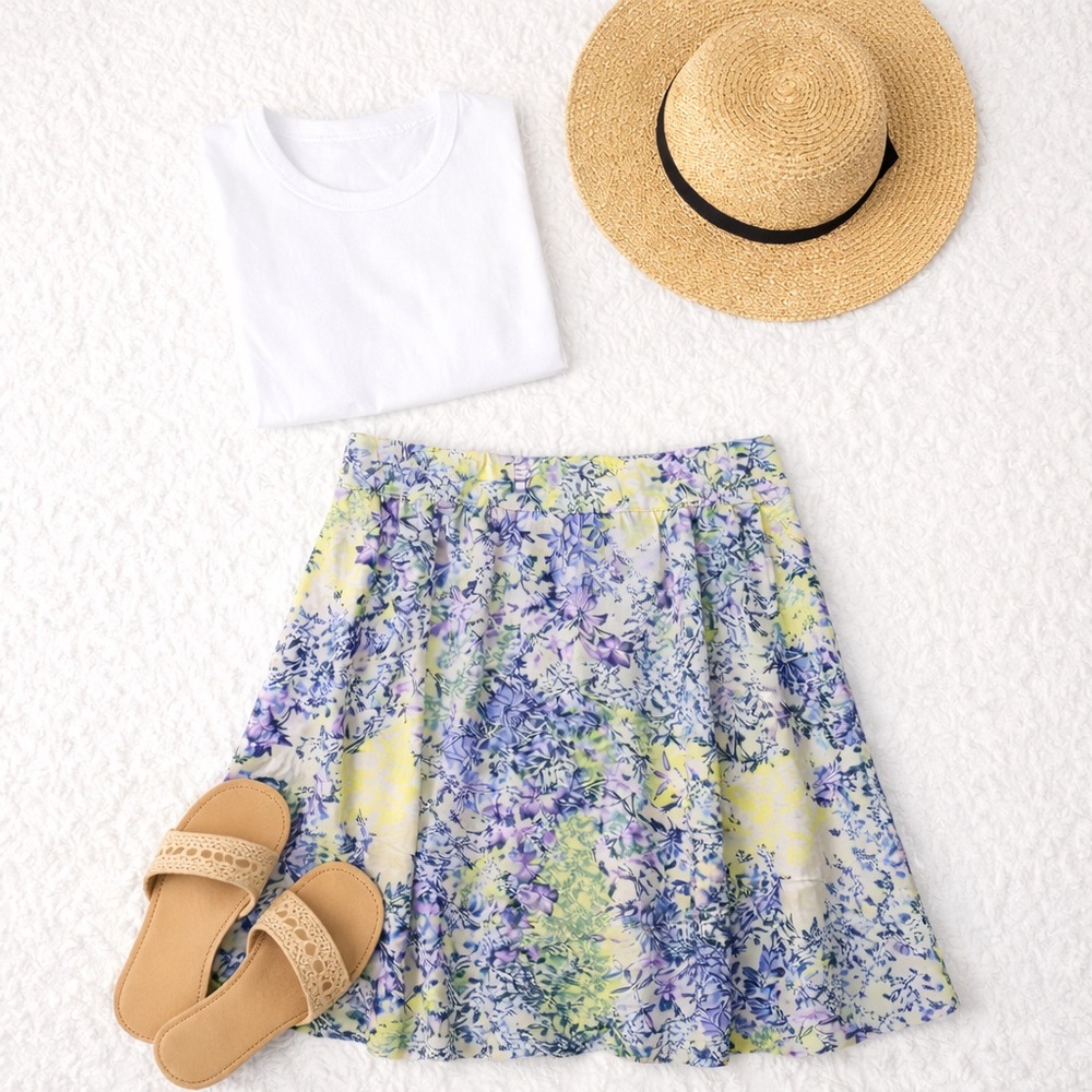 Emaline Floral Skater Skirt XL Pastel‎ Yellow Purple Botanical Spring - Picture 3 of 8